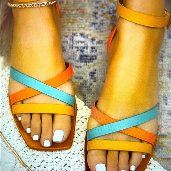 NWT Women's Multicolor Ankle Strap Summer Sunset Sandals Flat Strappy Summer - Picture 7 of 8